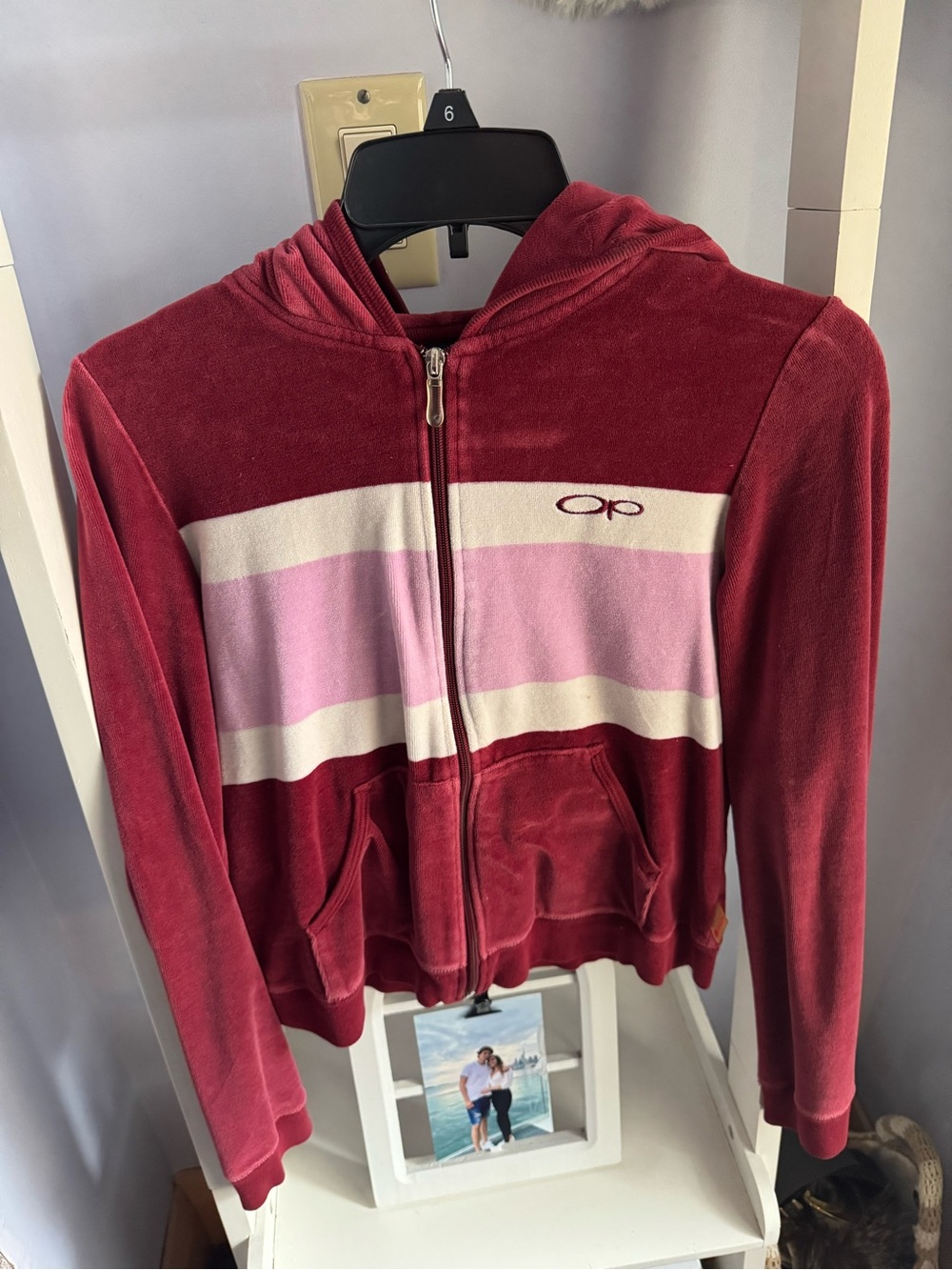 OP Velour Zip Hoodie in Berry with Pink & Cream Stripes